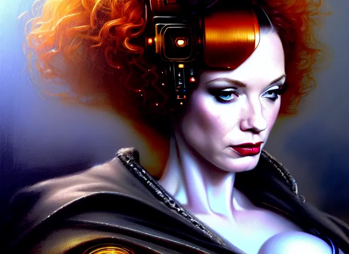 Image similar to portrait shot of christina hendricks in bladerunner wearin a cyberpunk costume, intricate, elegant, highly detailed, centered, digital painting, artstation, concept art, smooth, sharp focus, illustration, artgerm, tomasz alen kopera, peter mohrbacher, donato giancola, joseph christian leyendecker, wlop, boris vallejo