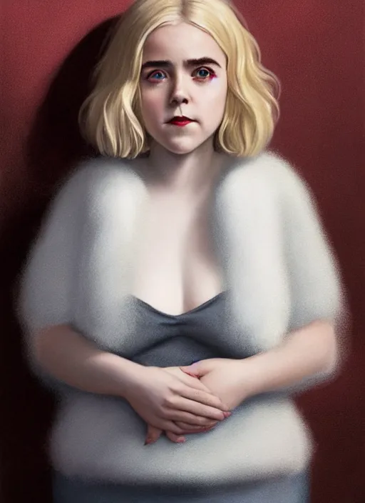 Image similar to full body portrait, kiernan shipka as sabrina spellman, white hair, obese, bangs, sultry, realistic, sultry smirk, fluffy bangs, curly bangs, fat, belly, intricate, elegant, highly detailed, digital painting, artstation, concept art, smooth, sharp focus, illustration, art by wlop, mars ravelo and greg rutkowski