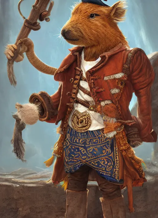 Prompt: detailed concept art illustration painting of an anthropomorphic capybara pirate in full intricate clothing, ultra detailed, digital art, octane render, 4K