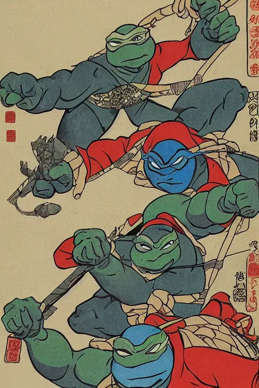 Image similar to Teenage Mutant Ninja Turtles in Japanese ukiyo-e ukiyo-ye woodblock print by Moronobu