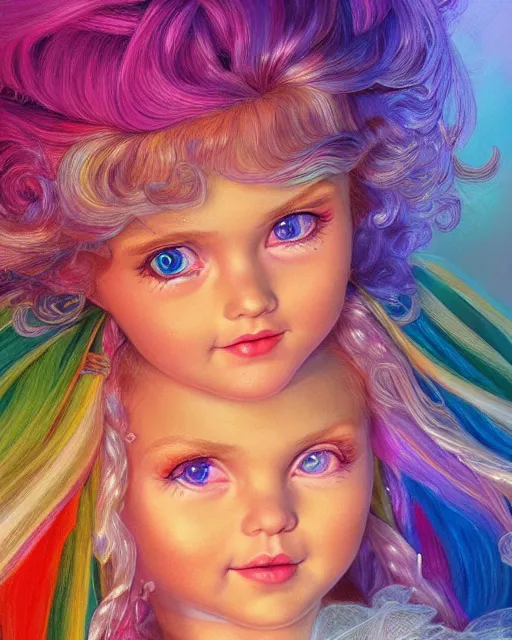 Prompt: 1 9 8 0 s doll rainbow brite portrait | highly detailed | very intricate | symmetrical | whimsical and magical | soft cinematic lighting | award - winning | closeup portrait | painted by donato giancola and mandy jurgens and charlie bowater | pastel color palette | featured on artstation