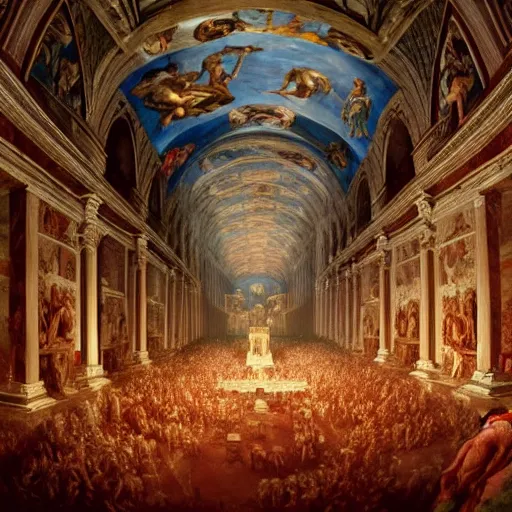 Image similar to the sistine chapel breaks open in half in the ceiling as a red magical portal from hell opens up, lucifer morningstar emerges along with demons, the priests and the pope look at the scene with terror in their eyes. highly detailed painting by gaston bussiere, greg rutkowski, craig mullins 8 k