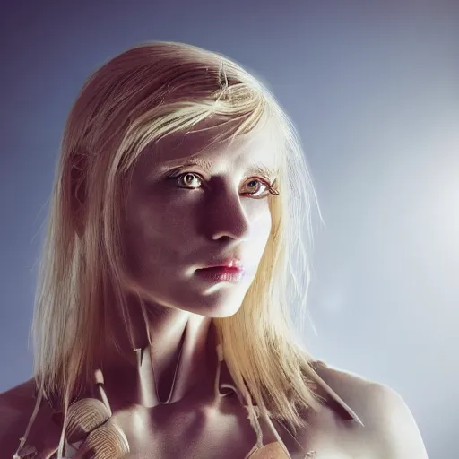 Image similar to a beautiful blond girl with human face and cybernetic body, standing on top of a pile of sculls, pretty face, perfect face, fine details, 8 k, shallow depth of field, moody lighting, cinematic lighting,