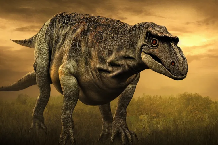 Image similar to Realistic photograph of a tired dinosaur standing in the distance in the style of Dark Naturalism, Jungle Grunge, twilight, glows, detailed, studio quality, hd image,