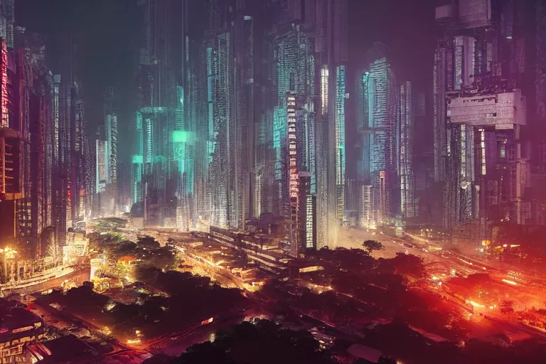 Prompt: photograph of Dhaka in the future, cyberpunk style, night,
