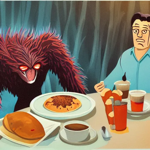 Image similar to mothman eating breakfast with sasquatch at a diner