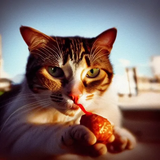 Prompt: a cat with a sausage : : photorealistic : : 1 sunlight : : 1 telephoto lens : : 1 coquelicot color : : 1 dof