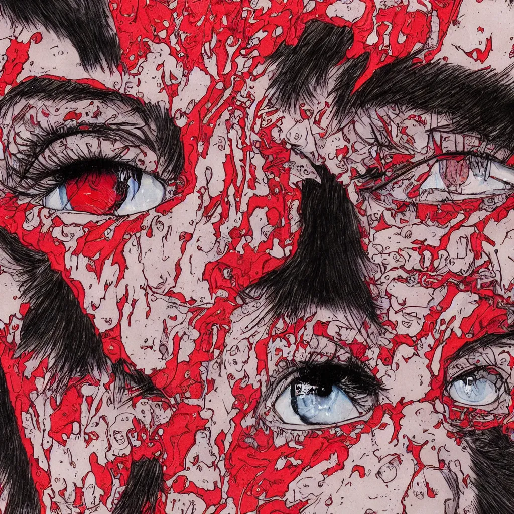 Prompt: close-up portrait of Playboi Carti with stuff coming out of his eyes, manga painting, red, intricate, vibrant, weird, art by Shintaro Kago