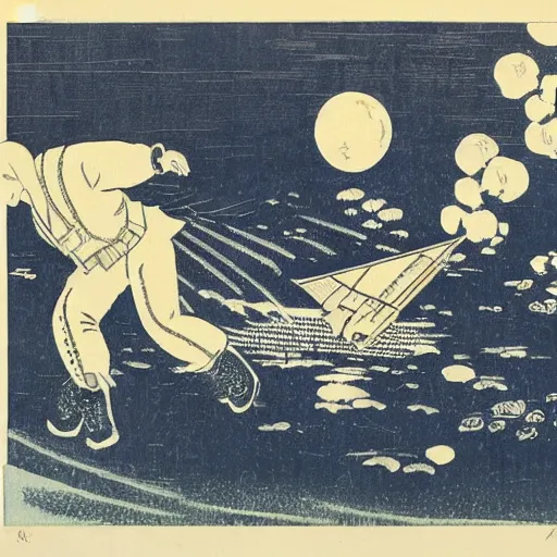 Prompt: japanese woodblock print of the moon landings