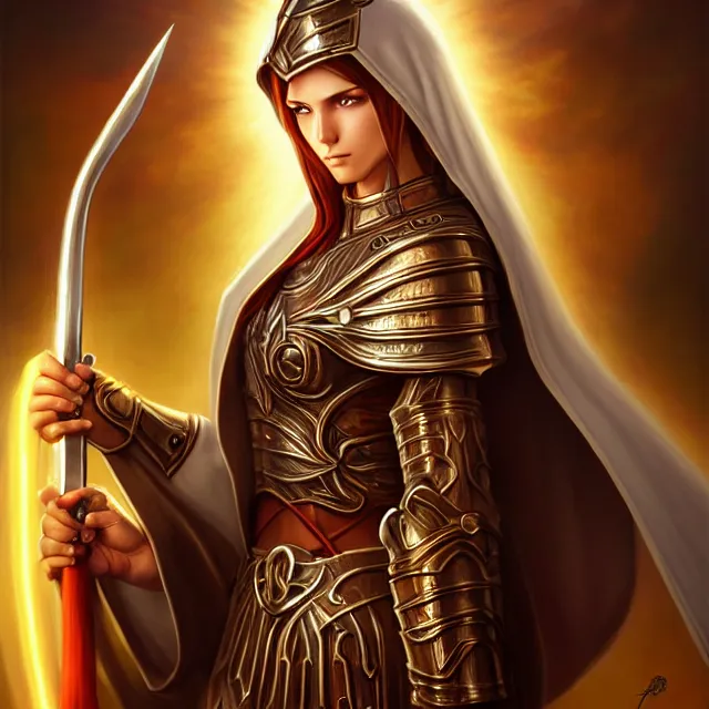 Prompt: holy cleric warrior with light powers, artgerm, anne stokes, highly detailed, 8 k, hdr, close up, smooth, sharp focus, high resolution, award - winning photo