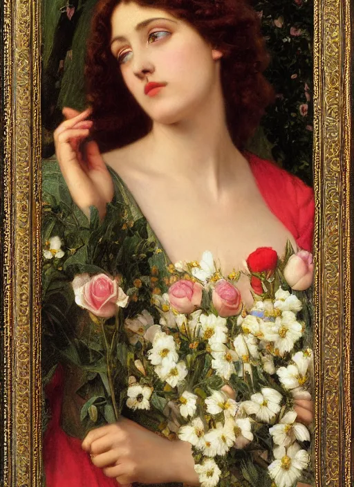 Image similar to masterpiece Queen of flowers by John Collier, John William Godward, Wladislaw Czachorski, Theodoros Ralli,