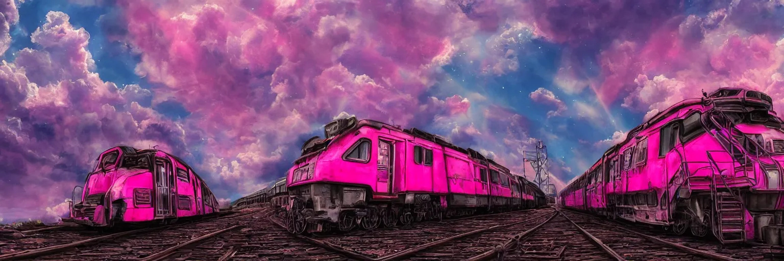 Prompt: pink, close - up train, space, dog, run, pirate neon ship with punks on board, mohawks, neon, oil painting, rich deep colors masterpiece, ultra detailed, contrast, heaven pink, lots of roman arches, clouds, sky, volumetric light, atmospheric lighting, dramatic, cinematic, moody, octane render 4 k, 8 k