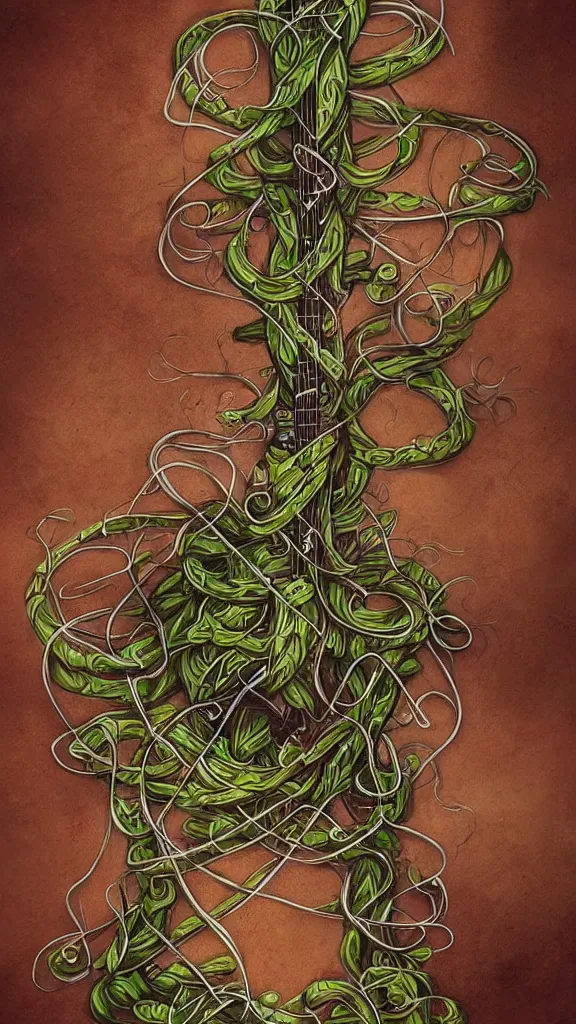 Image similar to a guitar with long thick vines wrapping around it, fantasy art, art station,