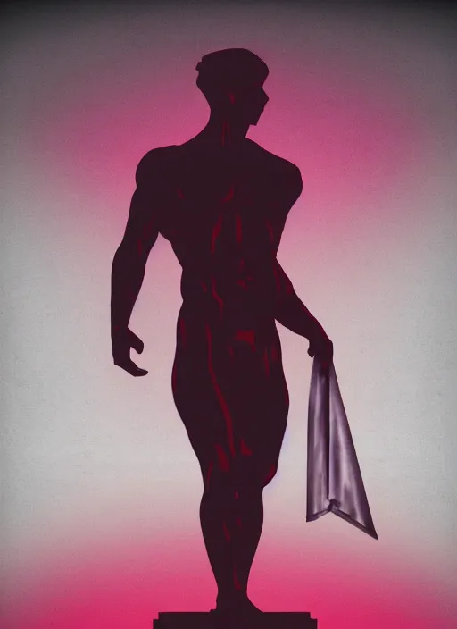 Prompt: dark design poster showing a muscular greco roman statue, black background with very subtle red and purple design elements, powerful, nekro, vito acconci, thin straight lines, dark, glitch art, neo vaporwave, gritty, layout frame, square, trending on artstation