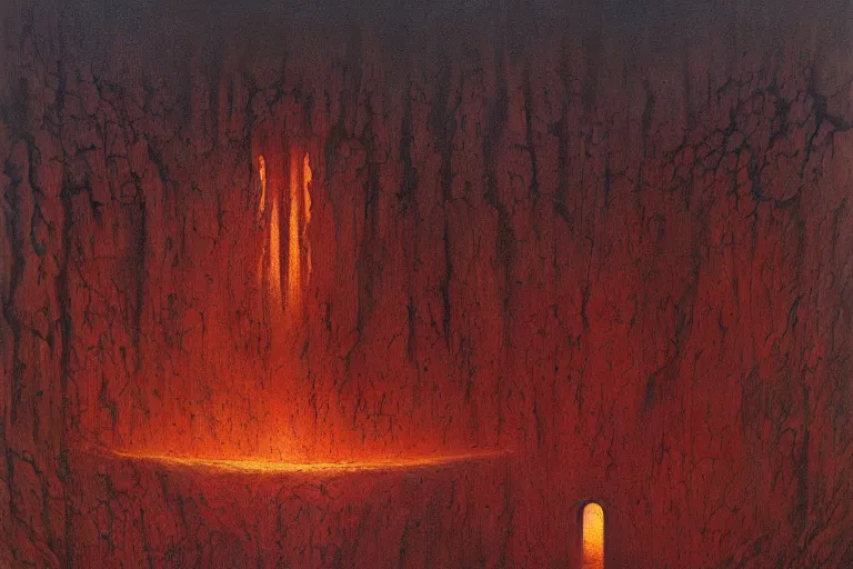 Image similar to portal to hell opening in the desert by tomek setowski and zdzislaw beksinski, deep rich colors, surreal oil painting, dream like, highly detailed, symmetry, masterpiece