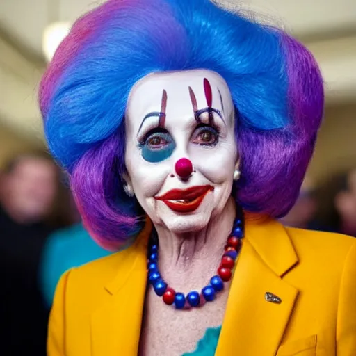 Image similar to Nancy Pelosi as a clown with a clown wig, clown nose and clown makeup whiteface, highly-detailed realistic