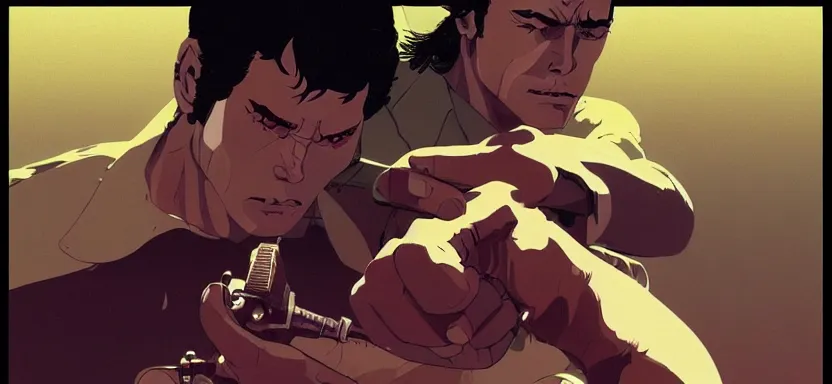 Prompt: 1 9 7 0 s action film, digital painting masterpiece, by ilya kuvshinov, by frank frazetta, by mœbius, by reiq, by hayao miyazaki, intricate detail, beautiful brush strokes, advanced lighting technology, 4 k wallpaper, interesting character design, stylized yet realistic anatomy and faces, inspired by kill bill animated scene