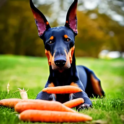 Image similar to doberman dog eating a carrot, photo