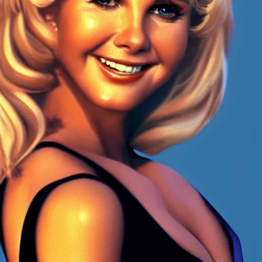 Prompt: a portrait of a beautiful Olivia Newton-John as Sandy from Grease (1978), smiling, clear eyes, illustration, soft lighting, soft details, painting oil on canvas, octane render, HDR, trending on artstation, 4k, 8k, HD
