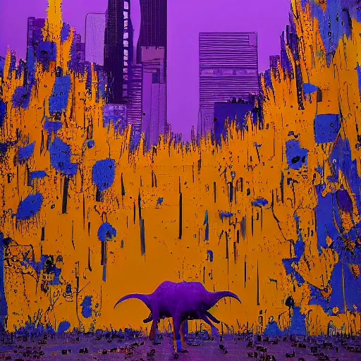 Image similar to by nathan wirth, by john berkey manmade cool violet, cow print. a beautiful installation art of a large, orange monster looming over a cityscape. the monster has several eyes & mouths, & its body is covered in spikes. it seems to be coming towards the viewer, who is looking up at it in fear.