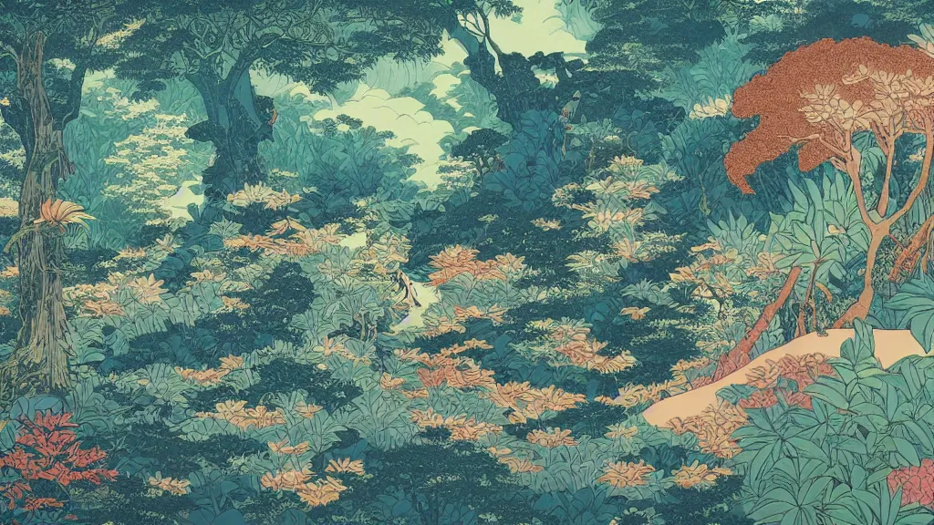 Prompt: a glowing magical jungle in the style of hokusai, firefly, fantasy, nature, pastel, digital art.