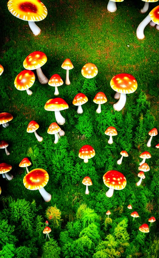 Image similar to looking down at trippy enchanged forest with large psychedelic mushrooms