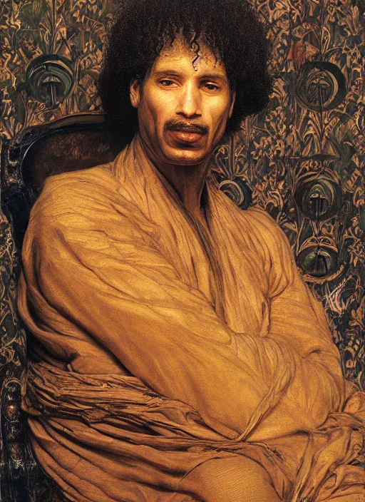 Prompt: masterpiece of intricately detailed photography portrait face hybrid of a al gaddafi, sat down in train aile, inside a beautiful underwater train to atlantis, man with large lips downward wide eyes large nose, straight fringe, medieval dress yellow ochre, by william morris ford madox brown william powell frith frederic leighton john william waterhouse hildebrandt