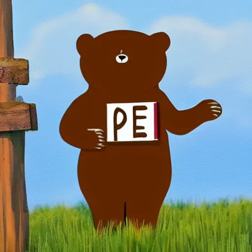 Prompt: a bear holding a'please'sign, in the style of pixar