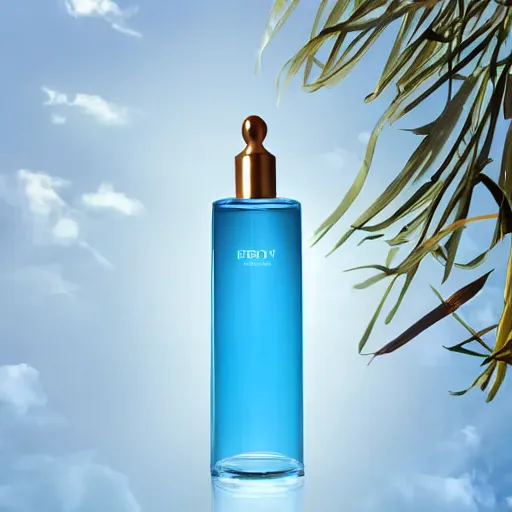 Image similar to airy bright perfume bottle floating in whispy clouds, with dreamy light blue sky and clouds in the background, softly - lit, soft - warm, zen, light, modern minimalist f 2 0 clean