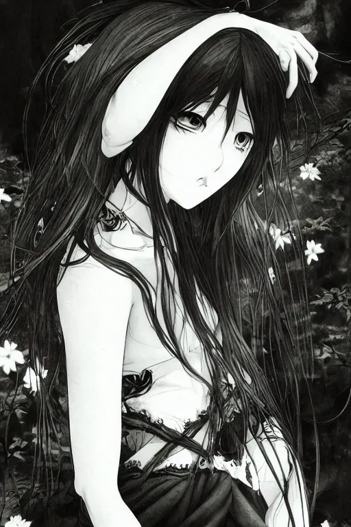 Image similar to a vertical portrait of a character in a scenic environment by Yoshitaka Amano, black and white, dreamy, dark eyes, wavy long black hair, highly detailed