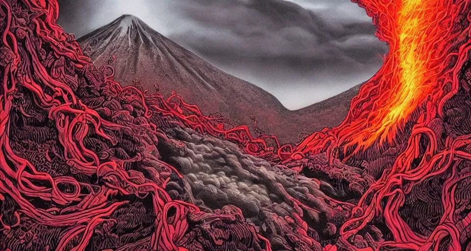 Prompt: a volcano made of ivory vines and crimson rocks enters in eruption, it spits a smoke in the shape of demonic eye, by dan Mumford