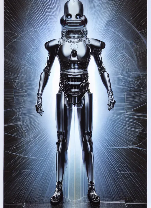 Image similar to cyberknight - complex and hyperdetailed technical suit design. reflection and dispersion materials. rays and dispersion of light. volumetric light. f / 3 2. noise film photo. flash photography. ultra realistic, 5 0 mm. poster by wayne barlowe, hajime sorayama aaron horkey, craig mullins