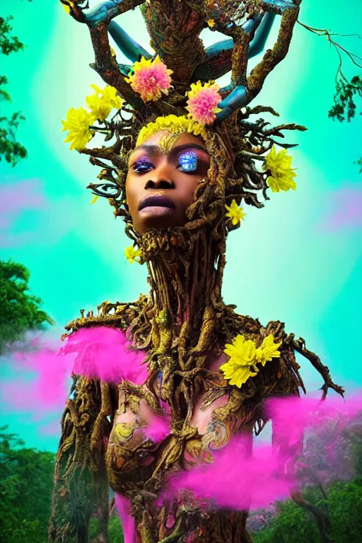 Image similar to high quality photo neo - rococo cinematic super expressive! yoruba goddess with exoskeleton armor, merging with tree in a forest, pink yellow flowers, highly detailed digital art masterpiece, smooth etienne sandorfi eric zener dramatic pearlescent soft teal light, ground angle hd 8 k, sharp focus