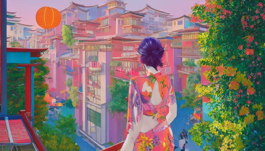Prompt: a vibrant dream of a beautiful girl wearing gucci from behind on a balcony looking out over a fancy street in kyoto japan, lush plants, onsen, glowing paper lanterns, high fashion, magic details, by moebius, edward hopper, james gilleard, and james jean, hd, 8 k, trending on artstation, uhd,