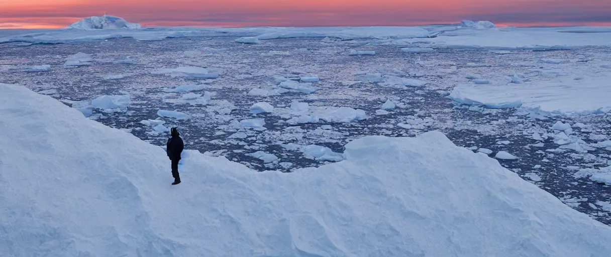 Image similar to a high quality color extreme closeup depth of field creepy hd 4 k film 3 5 mm photograph of the faint barely visible silhouette of a bulky man standing on the edge of a vista overlooking mcmurdoch station in antarctica at the beginning of sunset