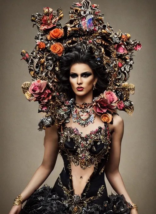 Prompt: expressive full body photo of a miss universe in creative costume, ornate headpiece made from flowers, ornaments, glamour shot by stefan gesell, photorealistic, canon r 3, fashion photography, hyper maximalist, sharp focus, ornate, elegant, luxury and elite, environmental portrait, symmetrical features, octane render, unreal engine, solid dark grey background, dramatic lights