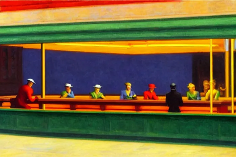 Image similar to Edward Hopper's Nighthawks but it's a McDonald's