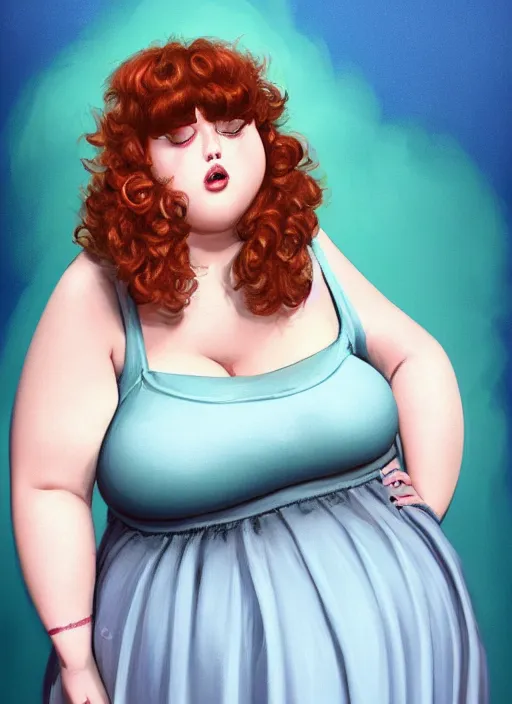 Image similar to full body portrait of teenage betty cooper, obese, bangs, sultry, realistic, sultry smirk, ponytail hairstyle, fluffy bangs, curly bangs, sky blue skirt, fat, belly, intricate, elegant, highly detailed, digital painting, artstation, concept art, smooth, sharp focus, illustration, art by wlop, mars ravelo and greg rutkowski