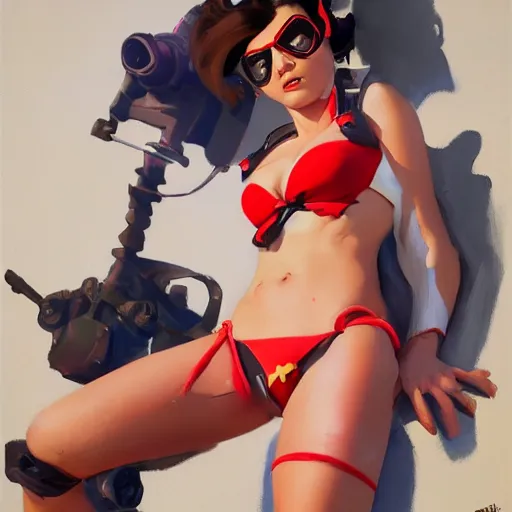 Prompt: pinup overwatch tracer in a red bikini thong, artwork by greg manchess, medium shot, asymmetrical, organic painting, sunny day, matte painting, bold shapes, hard edges, street art, trending on artstation, by huang guangjian and gil elvgren and sachin teng