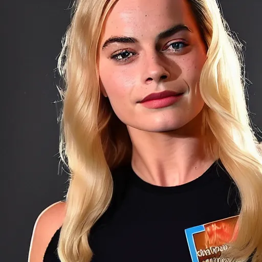 Image similar to a woman who is a genetic combination of margot robbie and emma watson face and upper - body focus