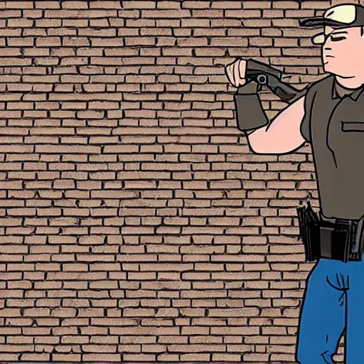 Prompt: ATF agent looking over a brick wall, in the style of King of the Hill cartoon