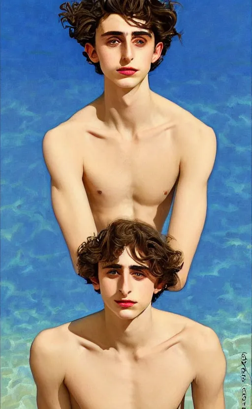 Prompt: Timothee Chalamet, the most beautiful androgynous man in the world, intense painting, sunny day at beach, tropical island, +++ super supper supper dynamic pose,  digital art, +++ +++ quality j.c. leyendecker, limited edition, shiny, ++++ super veiny hands, thick eyebrows, masculine appeal high fashion, wearing orange sunglasses, crystal blue eyes, louis vuitton suit, wearing a suit, important, very very very rich, smirking, looking at the ocean, palm trees, tropical flowers