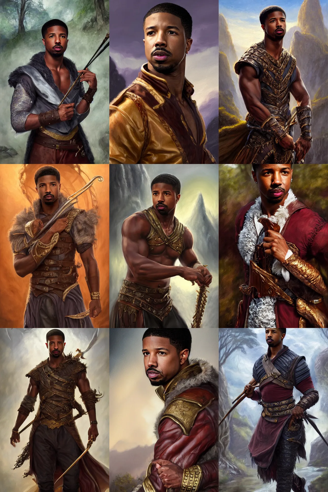 Prompt: a full body high detail fantasy portrait oil painting illustration of michael b. jordan as an elegant male bard by justin sweet with face and body clearly visible, in a scenic background, pupils visible, realistic proportions, d & d, rpg, forgotten realms, artstation trending, high quality, sombre mood, artstation trending, muted colours, entire person visible!