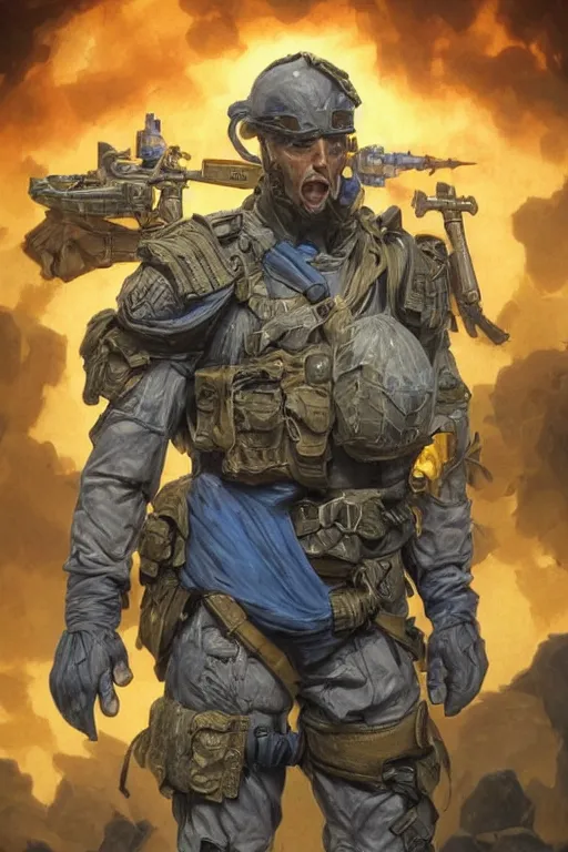 Image similar to special forces soldier with ukrainian blue yellow flag standing on a pile of skulls as a winner, masculine figure, d & d, fantasy, bright atmosphere, volumetric lights, intricate, elegant, extremely detailed, digital painting, artstation, concept art, matte, smooth, sharp focus, hyper realistic, illustration, art by artgerm and greg rutkowski and alphonse mucha