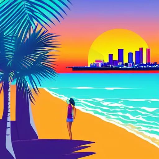 Image similar to gorgeous romantic sunset, cliffside onlooking the beautiful city of miami, warm colors, tropical, in the style of hiroshi nagai, very detailed, tropical, 8 0 s