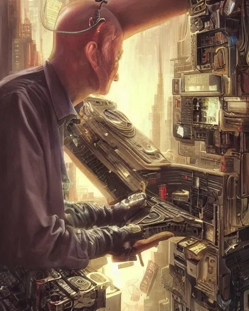 Prompt: a painting of a man holding a machine in his hands, cyberpunk art by jason edmiston and by michael komarck and by jarosław jasnikowski, cgsociety, neoplasticism, lovecraftian, future tech, circuitry