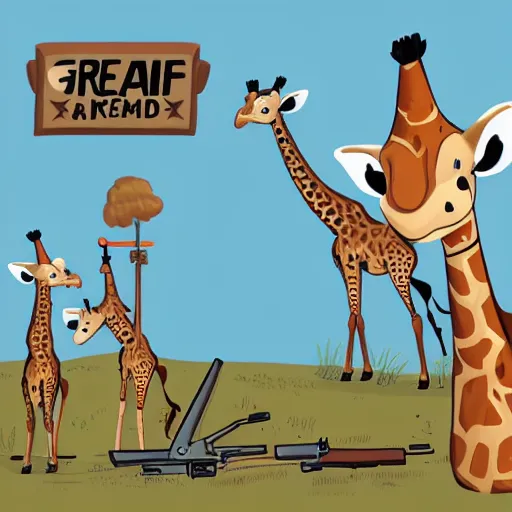 Image similar to giraffe army, holding guns and ammo, illustration, cartoon