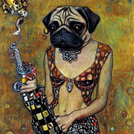 Prompt: pug caterpillar hybrid smoking hooka in wonderland, intricate detail, painting, jazz age, klimt, royo, frazetta, whealan,