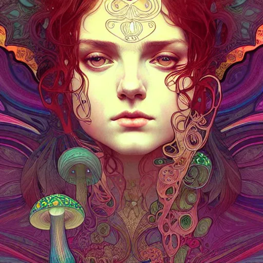 Image similar to Girl have a psychedelic experience, magic mushrooms, psilocybin, face, detailed, intricate, elegant, highly detailed, digital painting, artstation, concept art, smooth, sharp focus, illustration, art by Krenz Cushart and Artem Demura and alphonse mucha