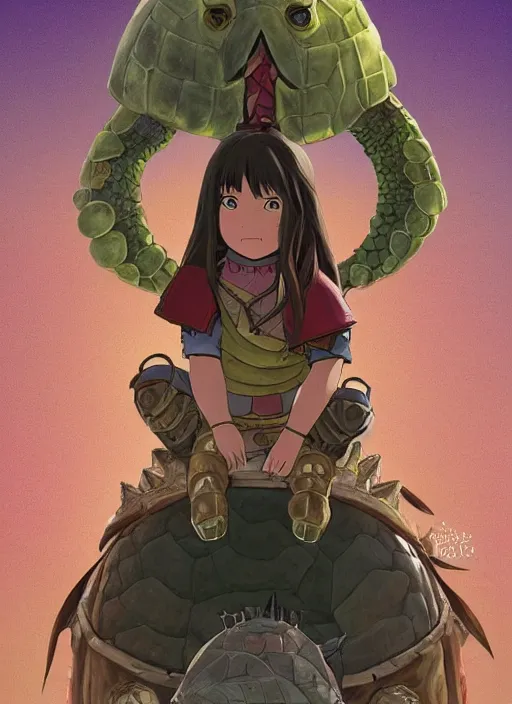 Image similar to portrait of a little warrior girl character sitting on top of a giant armored turtle in the desert, studio ghibli epic character with dark skin and beautiful green eyes, very beautiful detailed symmetrical face, long black hair, realistic legs, bright colors, diffuse light, dramatic landscape, fantasy illustration